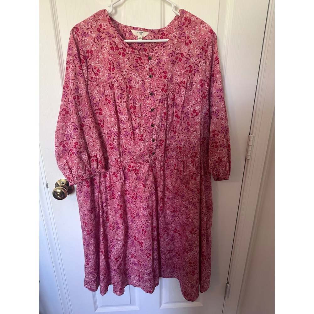 Terra & Sky Pink Floral Cotton Button Front Midi Dress Plus 3X 24W-26W Pockets
